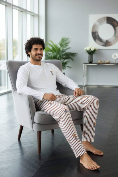 Beyaz Bear Desenli Stylish Erkek Uzun Kol Pijama Takımı - 5