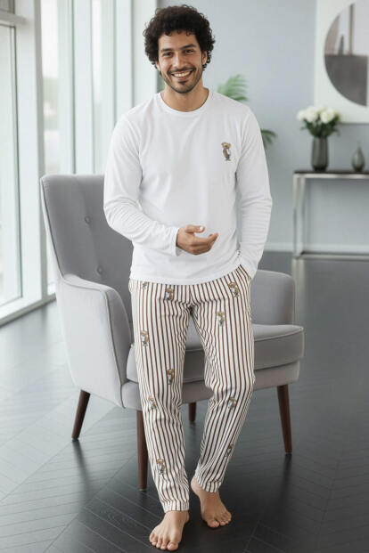 Beyaz Bear Desenli Stylish Erkek Uzun Kol Pijama Takımı - 6
