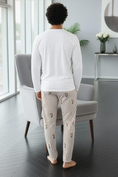 Beyaz Bear Desenli Stylish Erkek Uzun Kol Pijama Takımı - 7