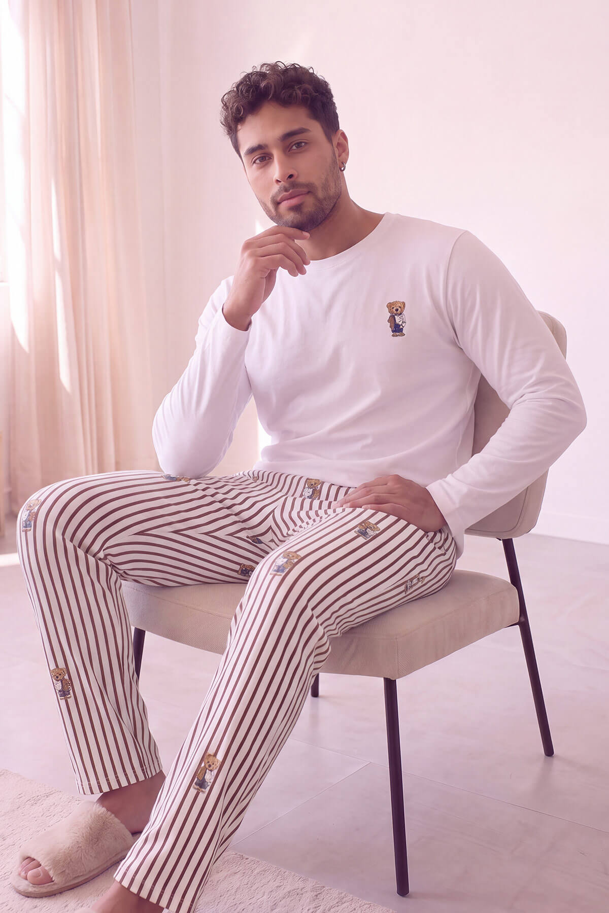 Beyaz Bear Desenli Stylish Erkek Uzun Kol Pijama Takımı - Pijamaevi (3)