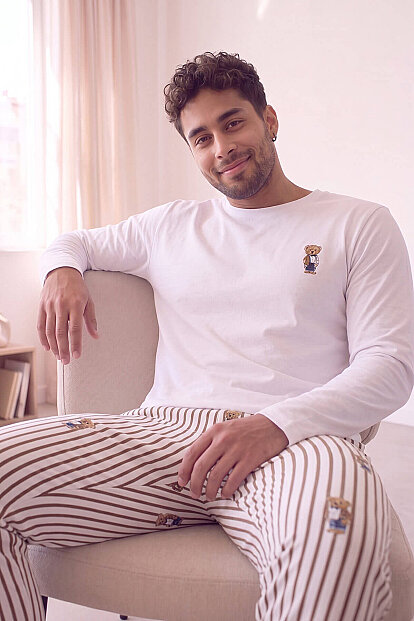 Beyaz Bear Desenli Stylish Erkek Uzun Kol Pijama Takımı - 5