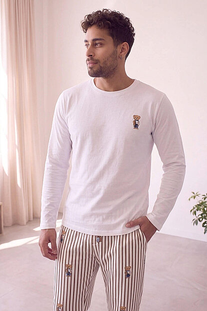Beyaz Bear Desenli Stylish Erkek Uzun Kol Pijama Takımı - 6