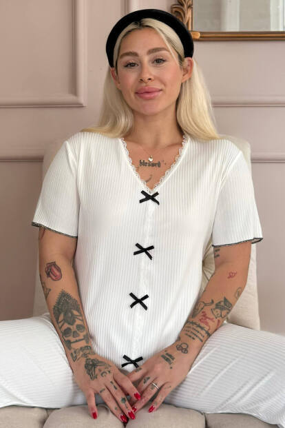 Beyaz Delicato Örme Kısa Kol Kadın Pijama Takımı - 6