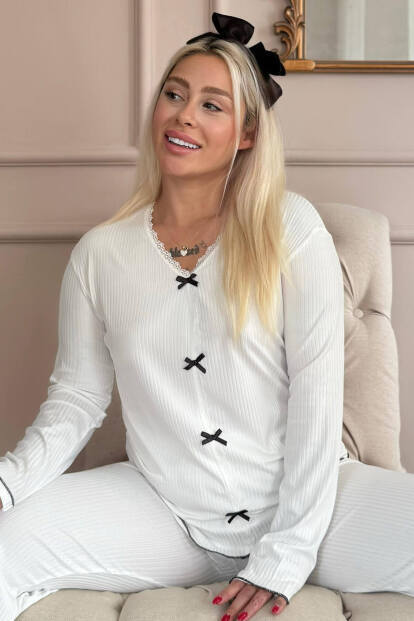 Beyaz Delicato Örme Uzun Kol Kadın Pijama Takımı - 7