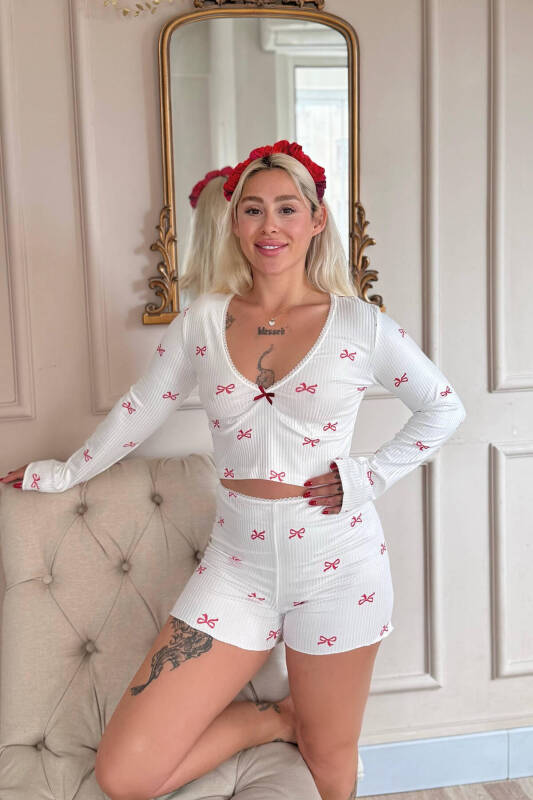 Beyaz Fiocco Pigiama Desenli Dantelli Örme Uzun Kol Şortlu Kadın Pijama Takımı - Pijamaevi (2)