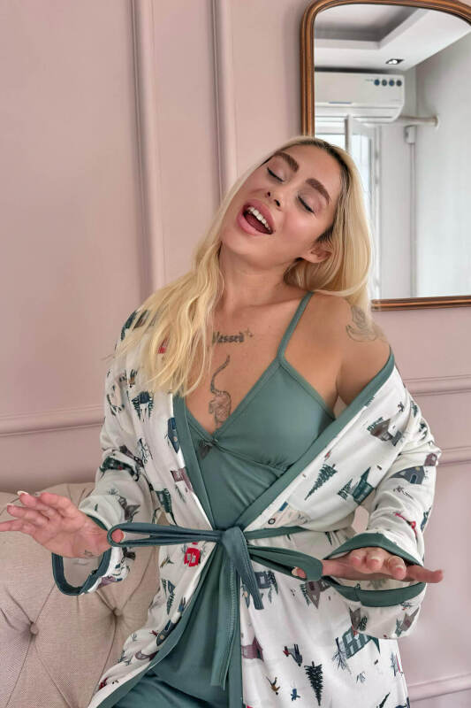 Beyaz Home Desenli Termal Gecelik Sabahlıklı Kadın Pijama Takımı - Pijamaevi (1)