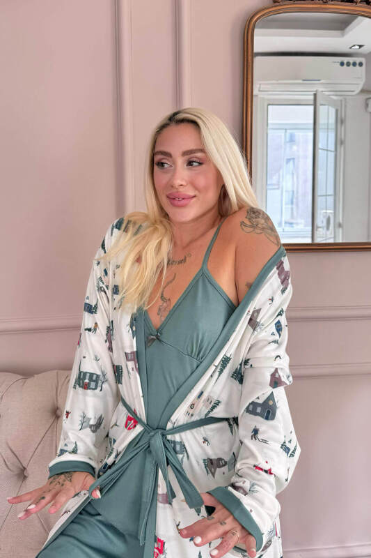 Beyaz Home Desenli Termal Gecelik Sabahlıklı Kadın Pijama Takımı - Pijamaevi (2)