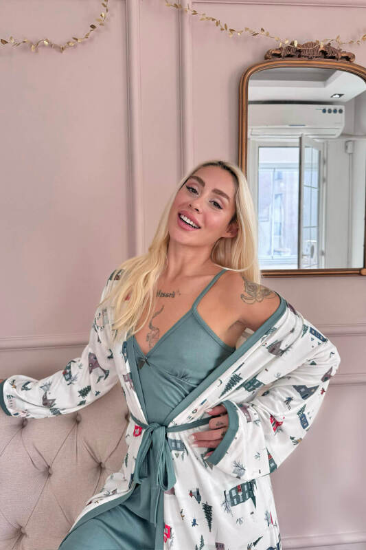 Beyaz Home Desenli Termal Gecelik Sabahlıklı Kadın Pijama Takımı - Pijamaevi (3)