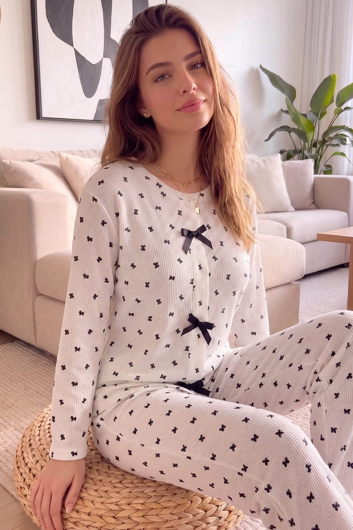 Beyaz Ribando Desenli Waffle Soft Uzun Kollu Kadın Pijama Takım - Pijamaevi