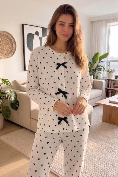 Beyaz Ribando Desenli Waffle Soft Uzun Kollu Kadın Pijama Takım - 5