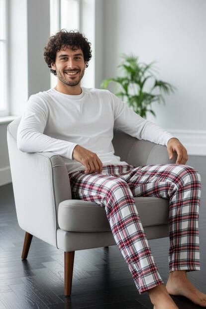 Beyaz Stylish Erkek Uzun Kol Pijama Takımı - 3