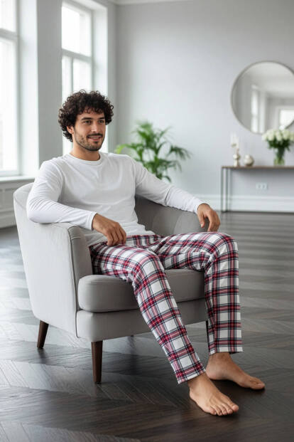 Beyaz Stylish Erkek Uzun Kol Pijama Takımı - 5