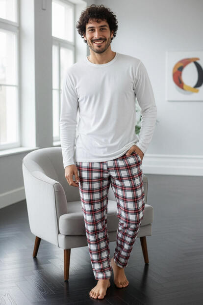 Beyaz Stylish Erkek Uzun Kol Pijama Takımı - 6