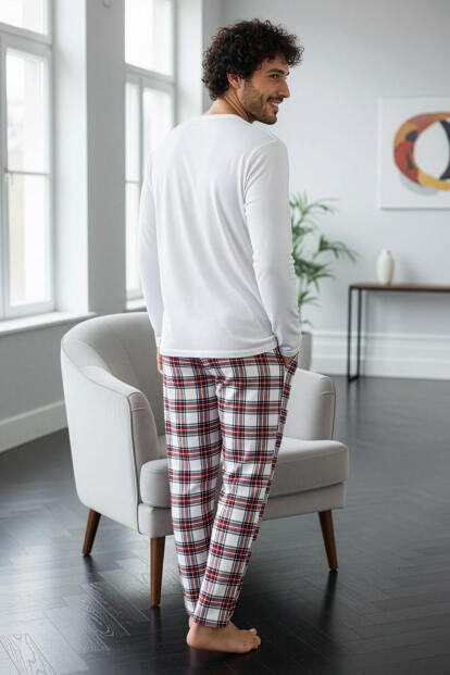 Beyaz Stylish Erkek Uzun Kol Pijama Takımı - 7