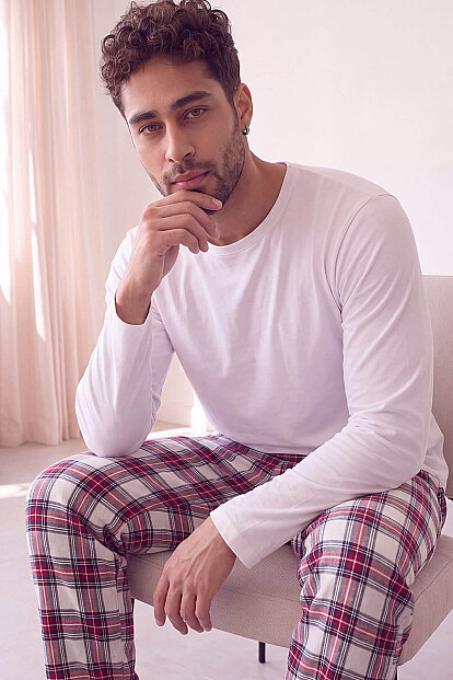 Beyaz Stylish Erkek Uzun Kol Pijama Takımı 