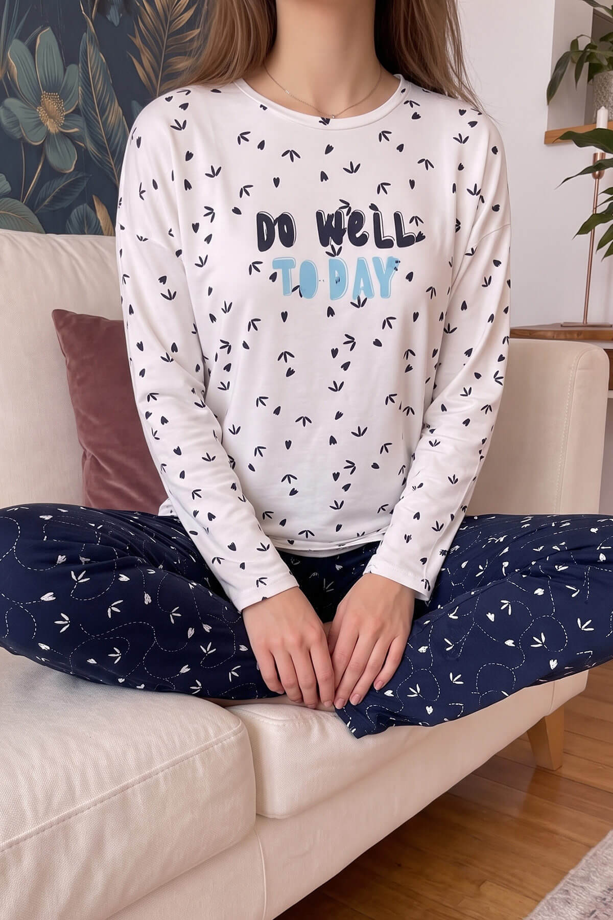Beyaz Well Desenli Sofia Uzun Kol Örme Kadın Pijama Takımı - Pijamaevi (2)