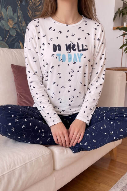 Beyaz Well Desenli Sofia Uzun Kol Örme Kadın Pijama Takımı - 3