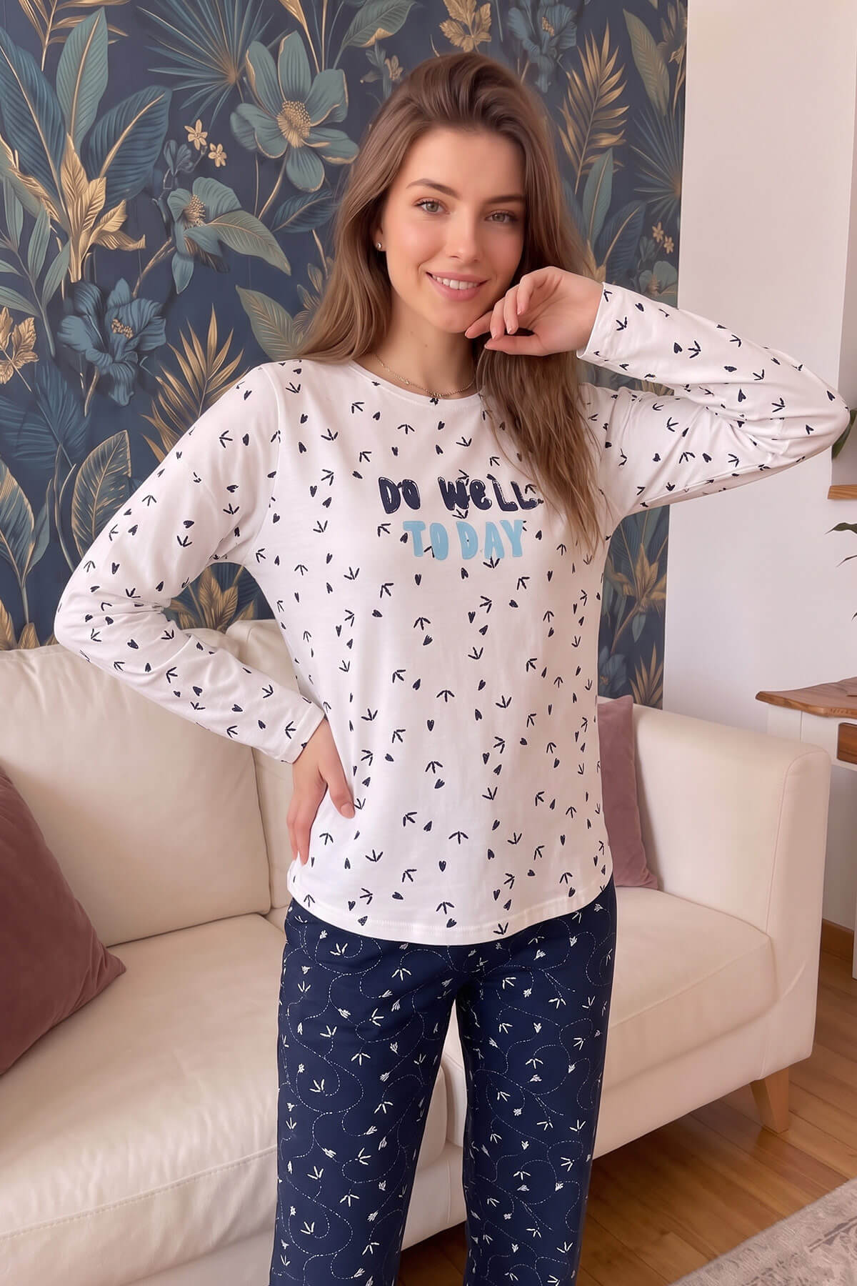 Beyaz Well Desenli Sofia Uzun Kol Örme Kadın Pijama Takımı - Pijamaevi (3)