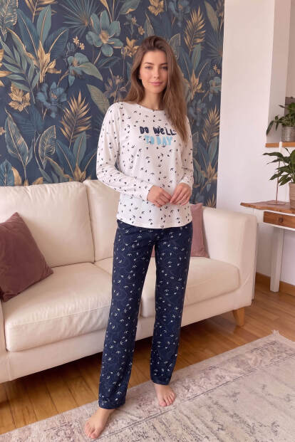 Beyaz Well Desenli Sofia Uzun Kol Örme Kadın Pijama Takımı - 6