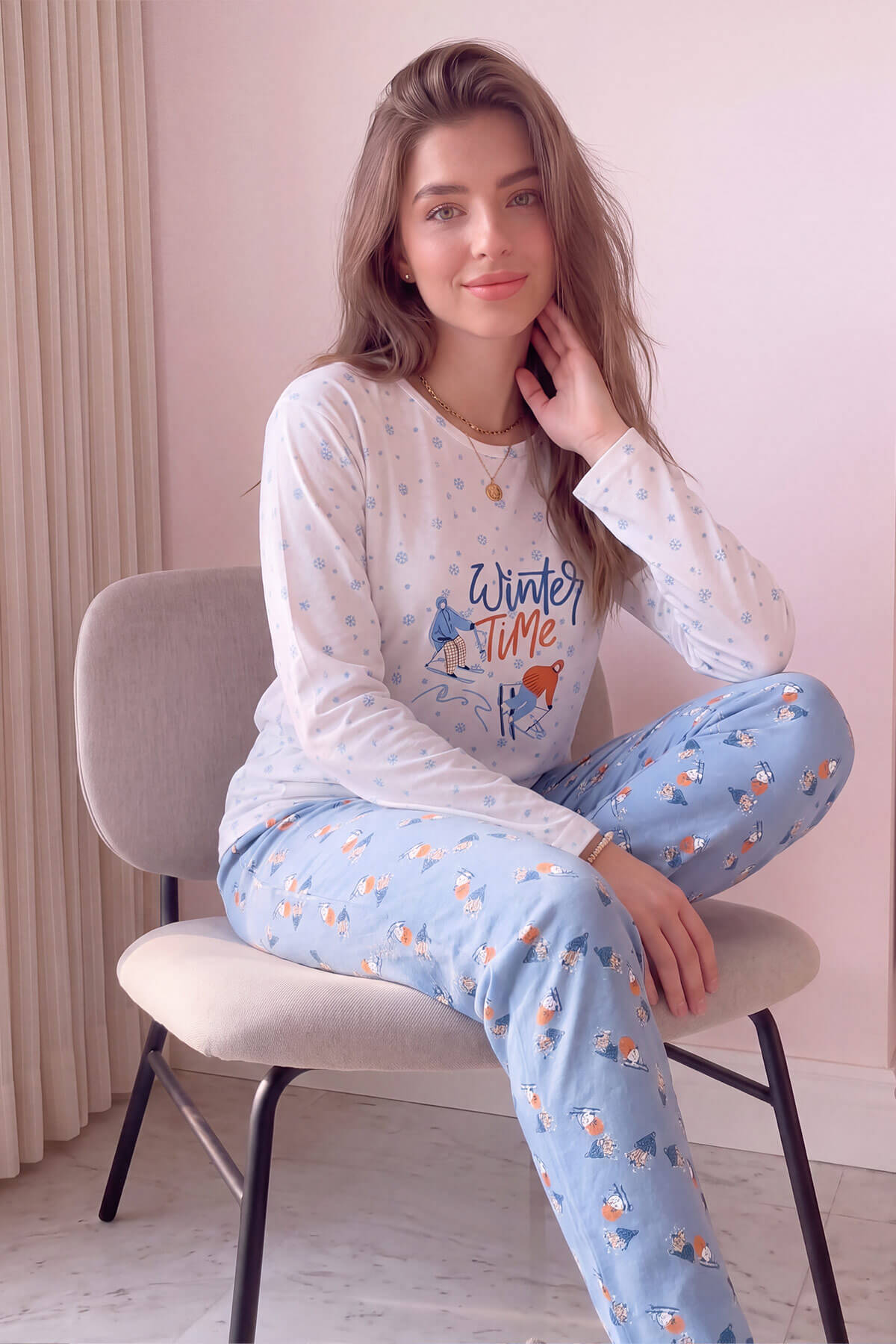 Beyaz Winter Time Desenli Sofia Uzun Kol Örme Kadın Pijama Takımı - Pijamaevi (1)