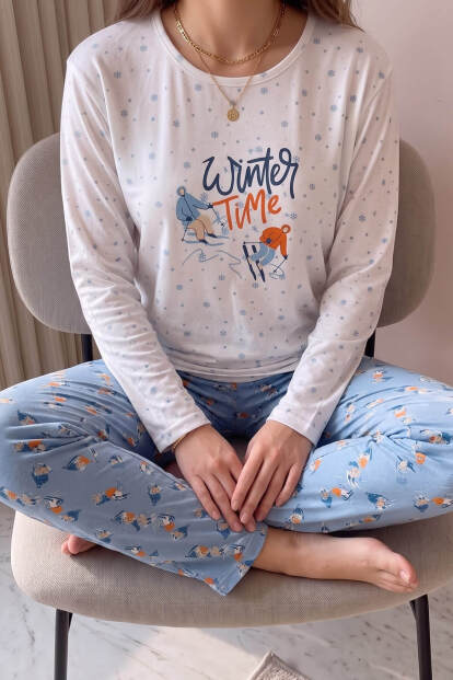 Beyaz Winter Time Desenli Sofia Uzun Kol Örme Kadın Pijama Takımı - 5