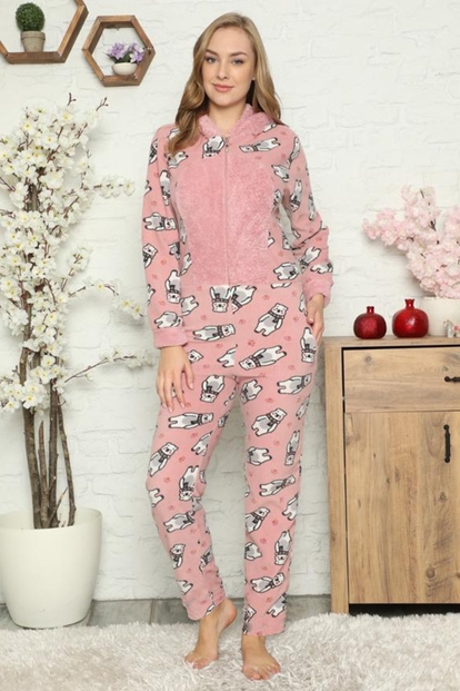 Big Bear Desenli Kadın Polar Peluş Tulum Pijama - 2