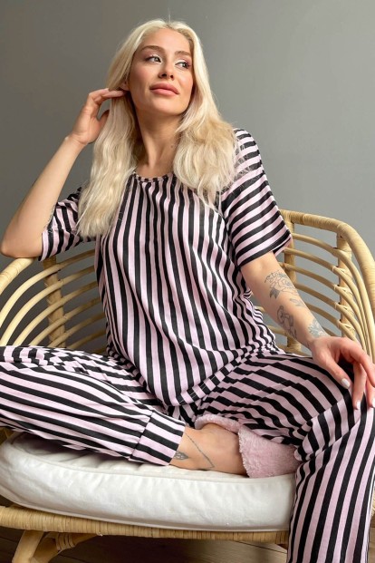 Black Line Baskılı Kısa Kollu Kadın Pijama Takımı - 1