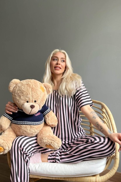 Black Line Baskılı Kısa Kollu Kadın Pijama Takımı - 2