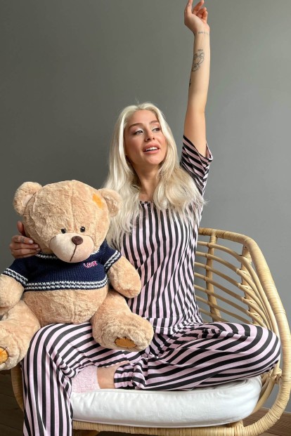 Black Line Baskılı Kısa Kollu Kadın Pijama Takımı - 3