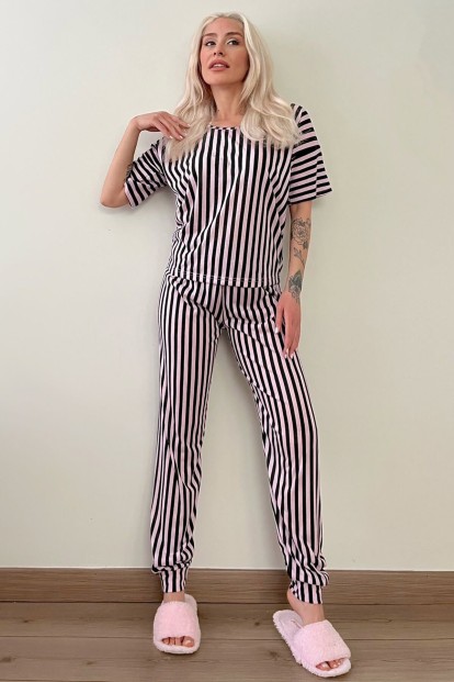 Black Line Baskılı Kısa Kollu Kadın Pijama Takımı - 5