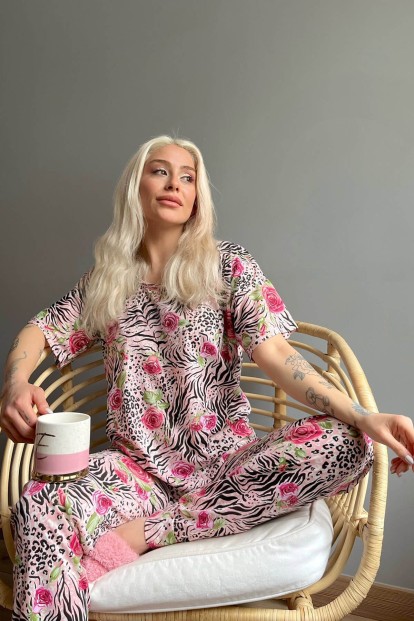 Black Rose Baskılı Kısa Kollu Kadın Pijama Takımı - 3