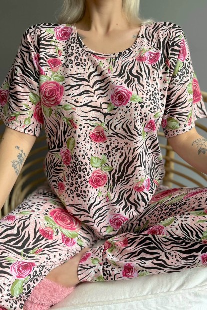 Black Rose Baskılı Kısa Kollu Kadın Pijama Takımı - 4