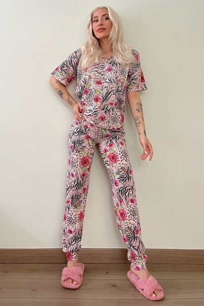 Black Rose Baskılı Kısa Kollu Kadın Pijama Takımı - 5