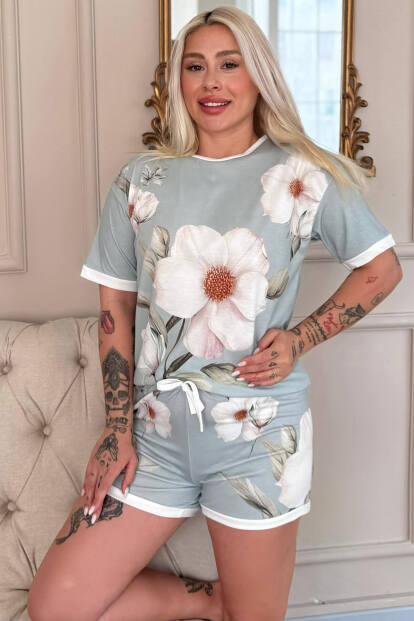 Bleu Magnolia Desenli Kısa Kollu Şortlu Bambu Kadın Pijama Takımı - 1