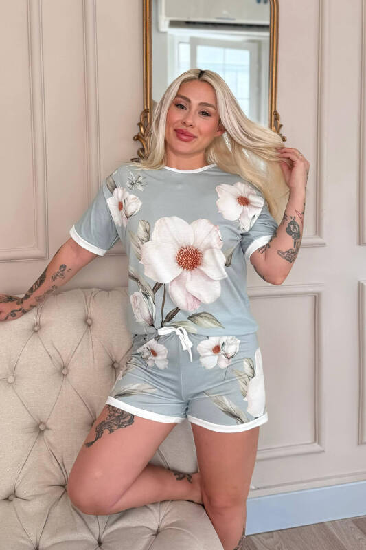 Bleu Magnolia Desenli Kısa Kollu Şortlu Bambu Kadın Pijama Takımı - Pijamaevi (1)