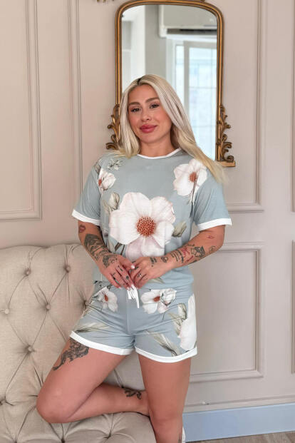 Bleu Magnolia Desenli Kısa Kollu Şortlu Bambu Kadın Pijama Takımı - 3