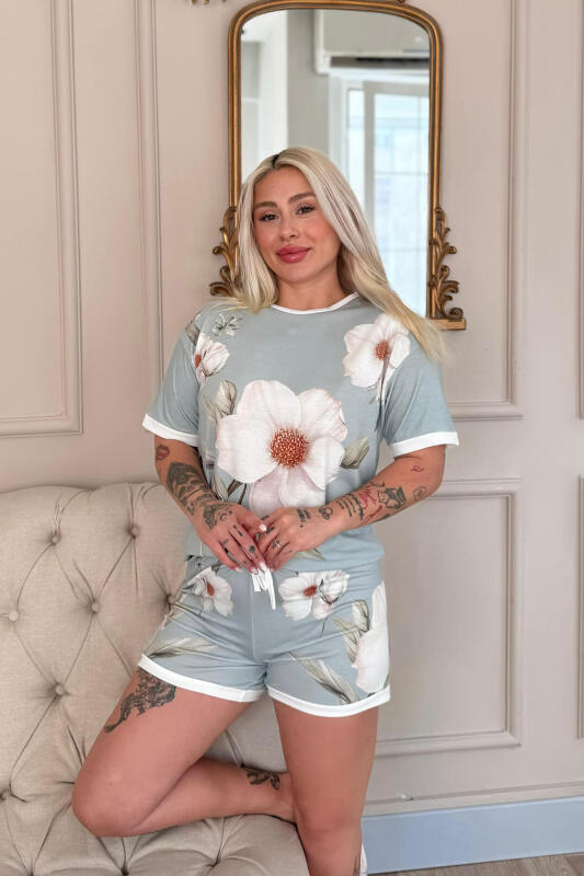 Bleu Magnolia Desenli Kısa Kollu Şortlu Bambu Kadın Pijama Takımı - Pijamaevi (2)