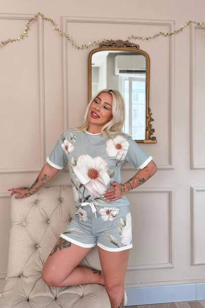 Bleu Magnolia Desenli Kısa Kollu Şortlu Bambu Kadın Pijama Takımı - 4