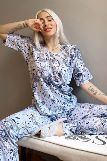 Blue Classic Ethnico Baskılı Kısa Kollu Kadın Pijama Takımı - 1