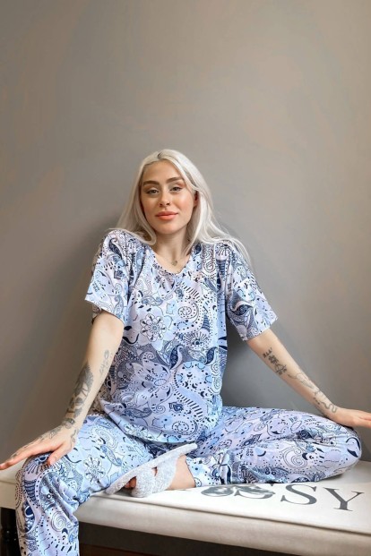 Blue Classic Ethnico Baskılı Kısa Kollu Kadın Pijama Takımı - 2