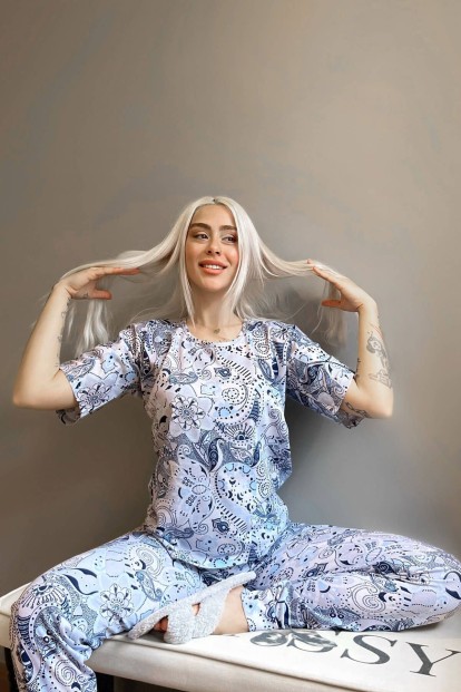 Blue Classic Ethnico Baskılı Kısa Kollu Kadın Pijama Takımı - 3