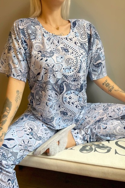 Blue Classic Ethnico Baskılı Kısa Kollu Kadın Pijama Takımı - 4