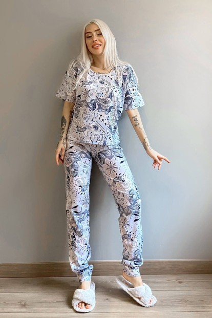 Blue Classic Ethnico Baskılı Kısa Kollu Kadın Pijama Takımı - 5
