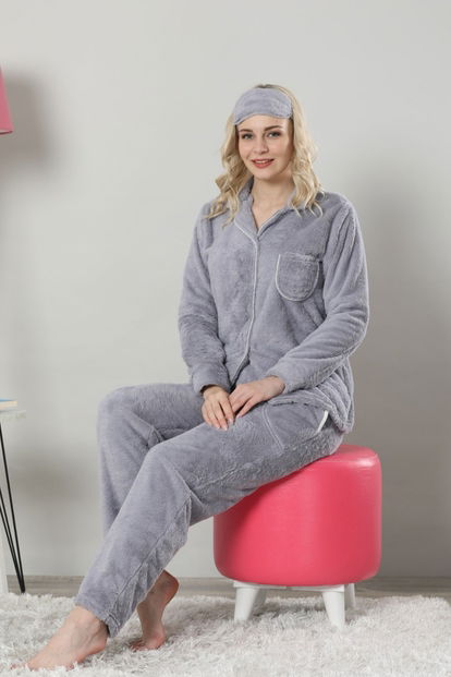 Blue One Tam Peluş Önden Düğmeli Kadın Pijama Takımı - 1