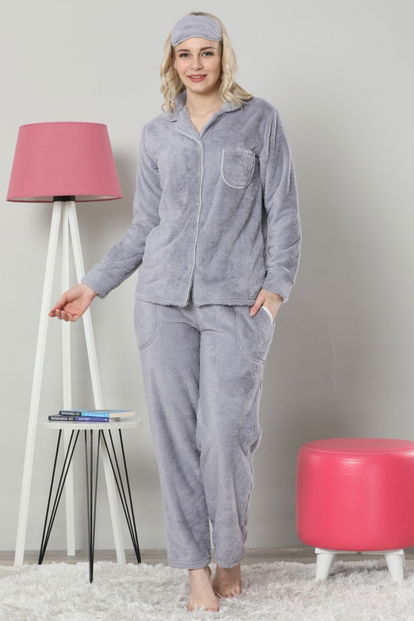 Blue One Tam Peluş Önden Düğmeli Kadın Pijama Takımı - 2
