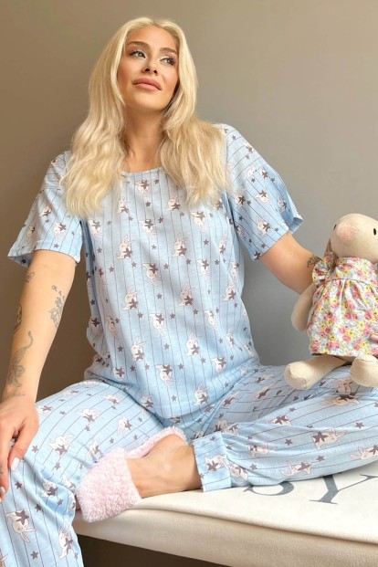 Blue Rabbit Baskılı Kısa Kollu Kadın Pijama Takımı - 1