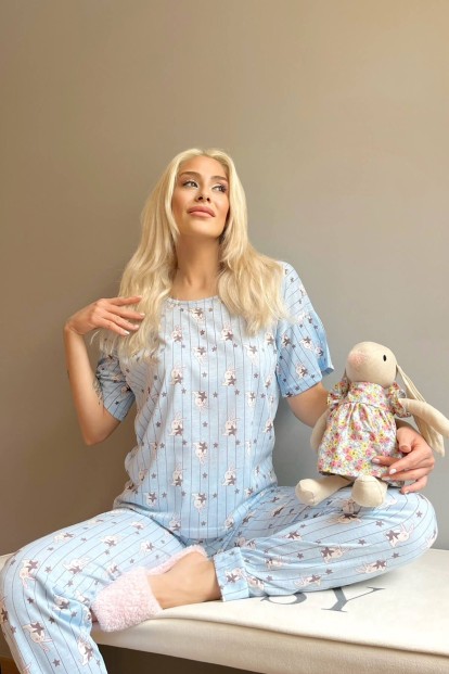 Blue Rabbit Baskılı Kısa Kollu Kadın Pijama Takımı - 2