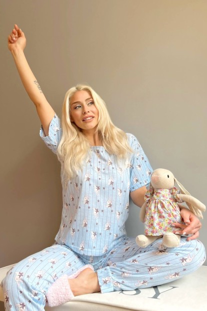 Blue Rabbit Baskılı Kısa Kollu Kadın Pijama Takımı - 3