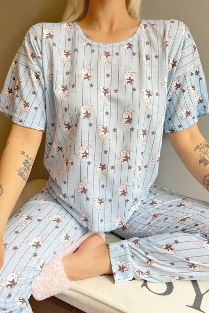 Blue Rabbit Baskılı Kısa Kollu Kadın Pijama Takımı - 4