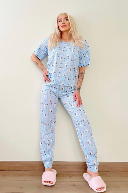 Blue Rabbit Baskılı Kısa Kollu Kadın Pijama Takımı - 5